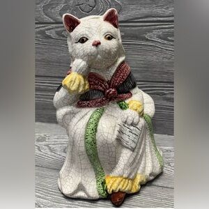 Vintage Victorian Lady Cat Ceramic Crackle Finish Figurine 10” Rustic Unique